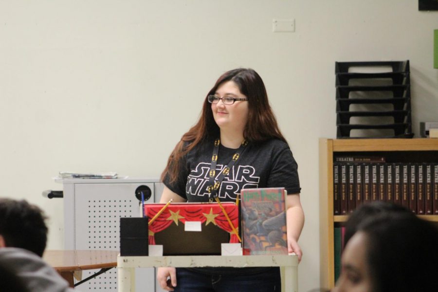 Sophomore Kaitlyn Wrench presents her ¨Brown Bag Presentation¨ in drama on Wednesday, Jan 24. The class was required to bring items that represent them that not many people know. 
