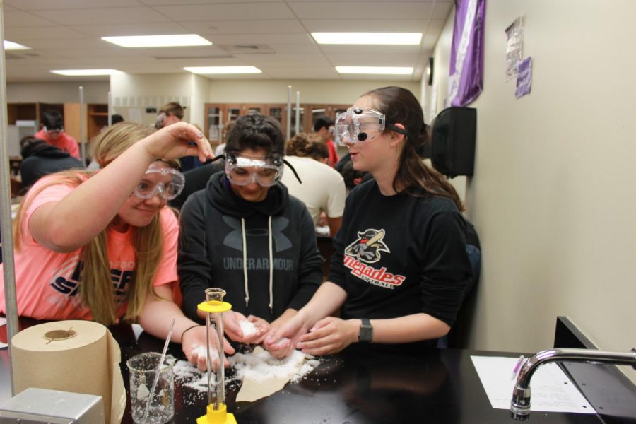Sophomores Emily Tolbert [right], Miranda Corral [middle] and  Megan Watkins [left] study polymers during their class period of Honors Chemistry I in the school year.