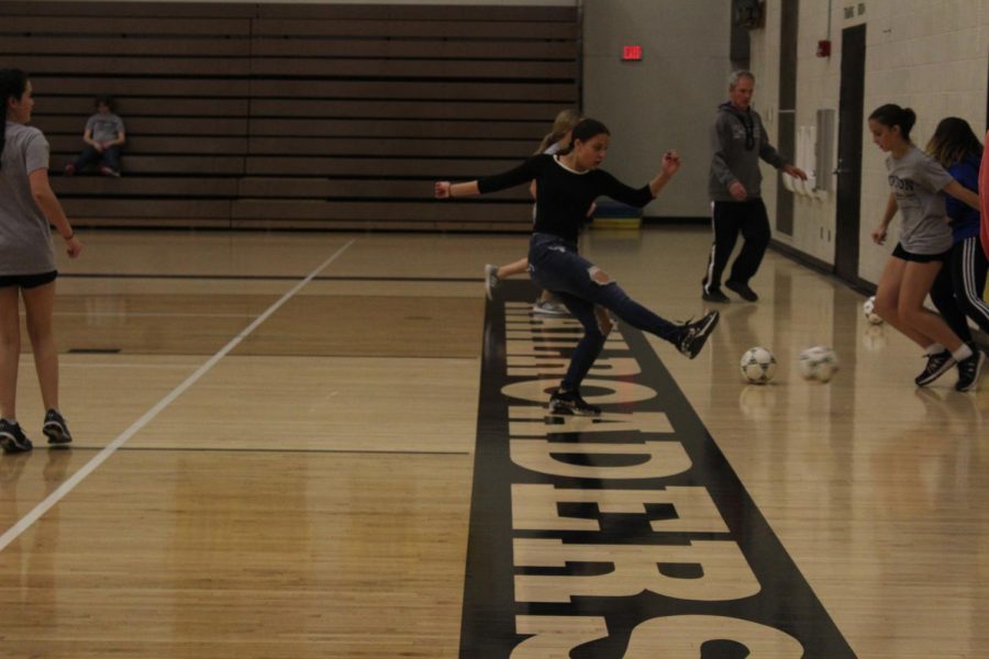 Freshman+Thalia+Ruiz+kicks+the+ball+in+order+to+make+a+goal.+