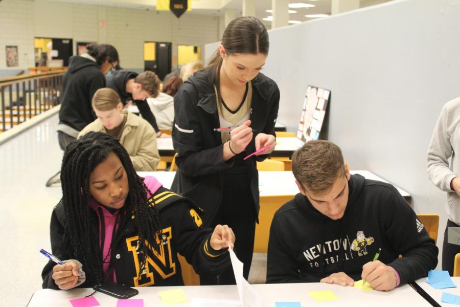 Juniors Alaijah Stokes, Jordyn Spillane, and Nicholas Antonowich give feedback on a project. The Class showcased their creations on Dec. 13.