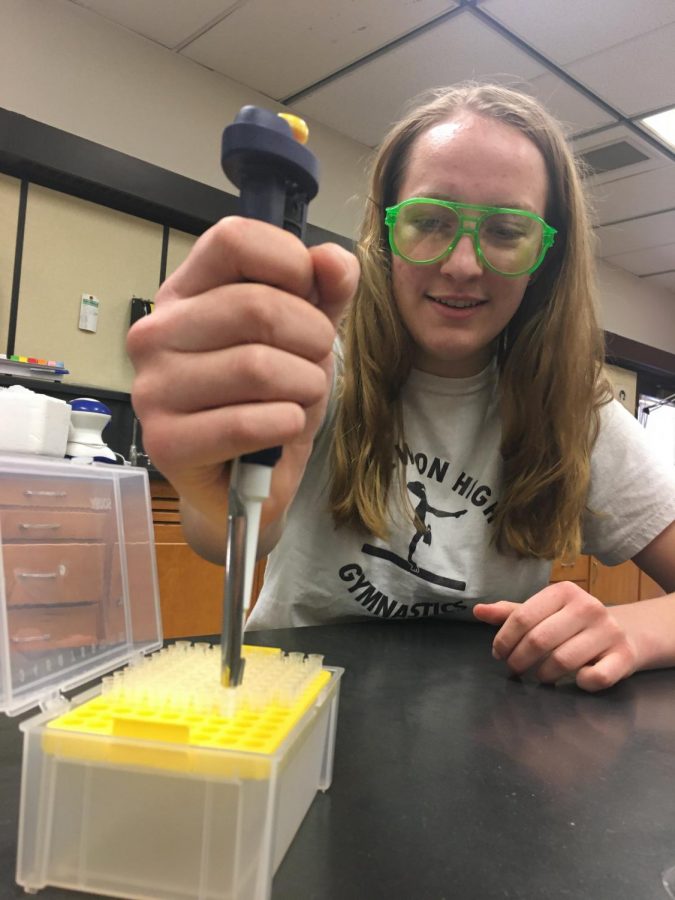Using the micropipette, junior Elize Jantz puts a new tip on the device.