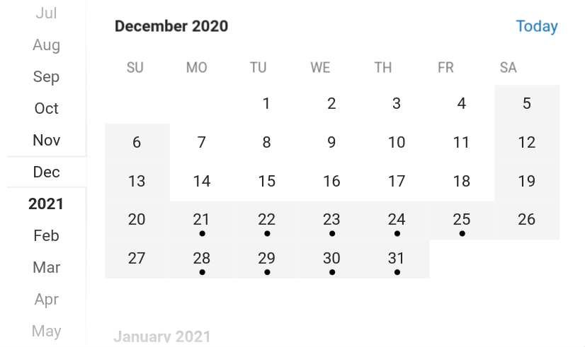 The shaded days represent days off from school and the days with dots on them represent the days of winter break for 2020.