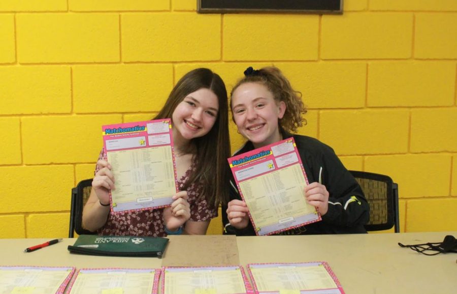 Freshman Abby Koontz and Brooklynn Black pose with the results of the Matchomatics fundraiser on Mar. 9.