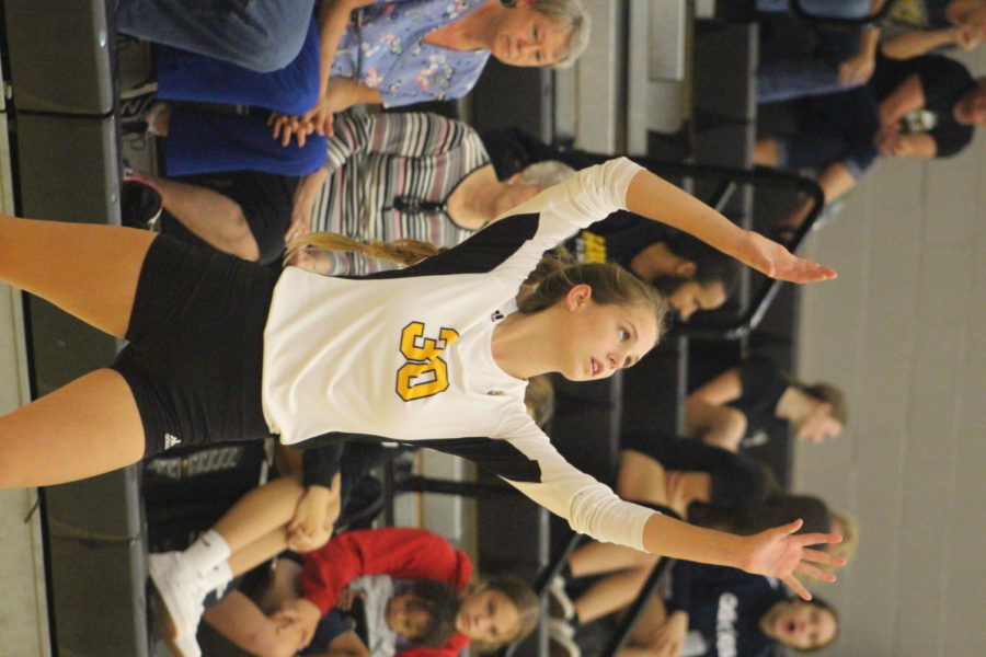 Sophomore Emma Rains serves the ball. 