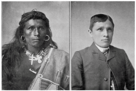 Before and after picture of a young man who went to an American Indian Boarding School.