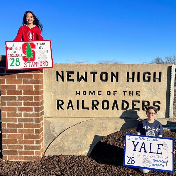 Seniors Natalie (top left) and Anahi Sanchez (bottom right) pose with handmade posters outside of Newton High School to celebrate their college acceptances.