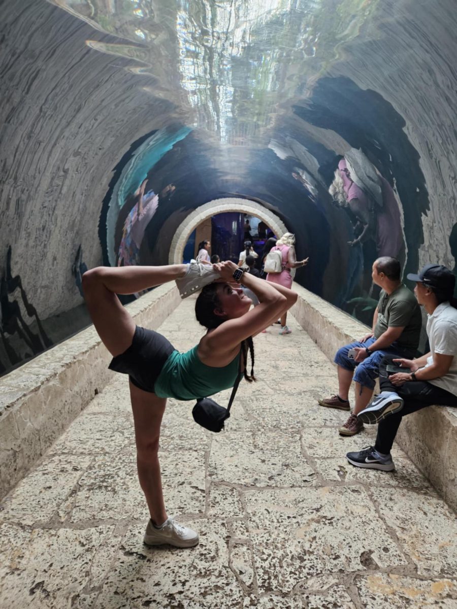 Photograph of Nadiya doing a dance pose at the aquarium.